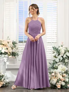 A-Line/Princess Halter Sleeveless Floor-Length Chiffon Bridesmaid Dresses with Ruched — view 80