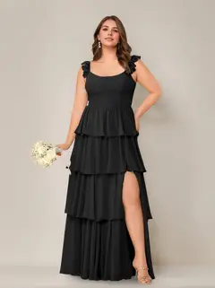 A-Line/Princess Scoop Neck Sleeveless Floor-Length Plus Size Bridesmaid Dress with Ruffles & Split Side — view 3