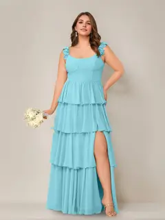 A-Line/Princess Scoop Neck Sleeveless Floor-Length Plus Size Bridesmaid Dress with Ruffles & Split Side — view 4
