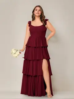 A-Line/Princess Scoop Neck Sleeveless Floor-Length Plus Size Bridesmaid Dress with Ruffles & Split Side — view 5