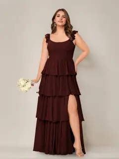 A-Line/Princess Scoop Neck Sleeveless Floor-Length Plus Size Bridesmaid Dress with Ruffles & Split Side — view 6