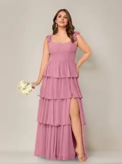 A-Line/Princess Scoop Neck Sleeveless Floor-Length Plus Size Bridesmaid Dress with Ruffles & Split Side — view 7