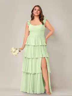 A-Line/Princess Scoop Neck Sleeveless Floor-Length Plus Size Bridesmaid Dress with Ruffles & Split Side — view 8