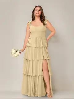 A-Line/Princess Scoop Neck Sleeveless Floor-Length Plus Size Bridesmaid Dress with Ruffles & Split Side — view 9