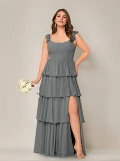 A-Line/Princess Scoop Neck Sleeveless Floor-Length Plus Size Bridesmaid Dress with Ruffles & Split Side — view 10