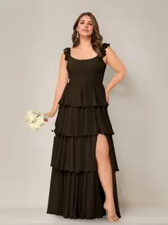 A-Line/Princess Scoop Neck Sleeveless Floor-Length Plus Size Bridesmaid Dress with Ruffles & Split Side — view 11