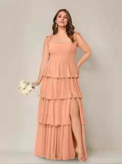 A-Line/Princess Scoop Neck Sleeveless Floor-Length Plus Size Bridesmaid Dress with Ruffles & Split Side — view 12