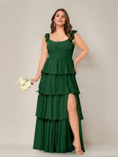 A-Line/Princess Scoop Neck Sleeveless Floor-Length Plus Size Bridesmaid Dress with Ruffles & Split Side — view 14