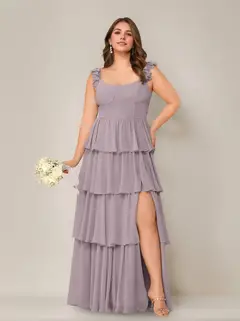 A-Line/Princess Scoop Neck Sleeveless Floor-Length Plus Size Bridesmaid Dress with Ruffles & Split Side — view 16