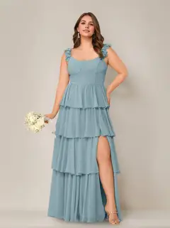 A-Line/Princess Scoop Neck Sleeveless Floor-Length Plus Size Bridesmaid Dress with Ruffles & Split Side — view 17