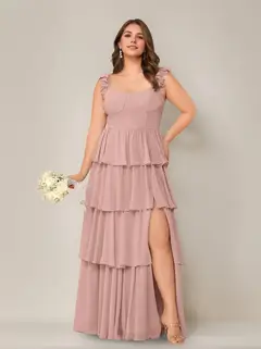 A-Line/Princess Scoop Neck Sleeveless Floor-Length Plus Size Bridesmaid Dress with Ruffles & Split Side — view 18