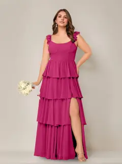 A-Line/Princess Scoop Neck Sleeveless Floor-Length Plus Size Bridesmaid Dress with Ruffles & Split Side — view 20