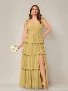 A-Line/Princess Scoop Neck Sleeveless Floor-Length Plus Size Bridesmaid Dress with Ruffles & Split Side — view 21