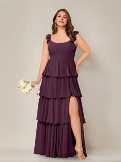 A-Line/Princess Scoop Neck Sleeveless Floor-Length Plus Size Bridesmaid Dress with Ruffles & Split Side — view 22