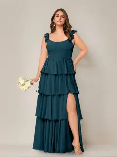 A-Line/Princess Scoop Neck Sleeveless Floor-Length Plus Size Bridesmaid Dress with Ruffles & Split Side — view 24