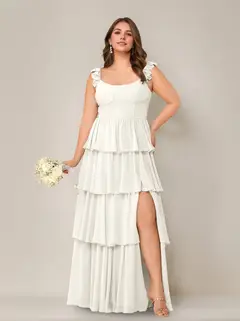A-Line/Princess Scoop Neck Sleeveless Floor-Length Plus Size Bridesmaid Dress with Ruffles & Split Side — view 25
