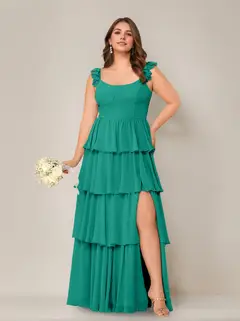 A-Line/Princess Scoop Neck Sleeveless Floor-Length Plus Size Bridesmaid Dress with Ruffles & Split Side — view 26