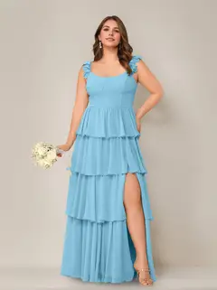 A-Line/Princess Scoop Neck Sleeveless Floor-Length Plus Size Bridesmaid Dress with Ruffles & Split Side — view 27