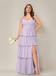 A-Line/Princess Scoop Neck Sleeveless Floor-Length Plus Size Bridesmaid Dress with Ruffles & Split Side — view 28