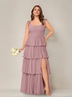 A-Line/Princess Scoop Neck Sleeveless Floor-Length Plus Size Bridesmaid Dress with Ruffles & Split Side — view 29