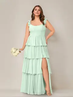 A-Line/Princess Scoop Neck Sleeveless Floor-Length Plus Size Bridesmaid Dress with Ruffles & Split Side — view 30