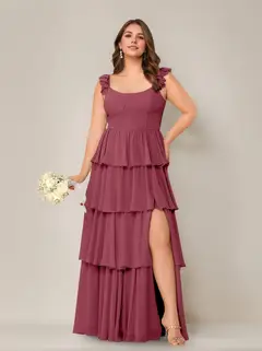 A-Line/Princess Scoop Neck Sleeveless Floor-Length Plus Size Bridesmaid Dress with Ruffles & Split Side — view 31