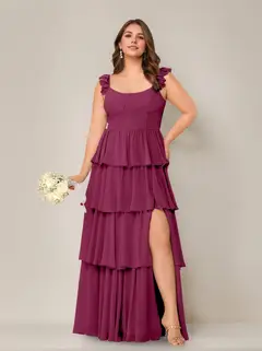 A-Line/Princess Scoop Neck Sleeveless Floor-Length Plus Size Bridesmaid Dress with Ruffles & Split Side — view 35
