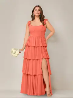 A-Line/Princess Scoop Neck Sleeveless Floor-Length Plus Size Bridesmaid Dress with Ruffles & Split Side — view 36