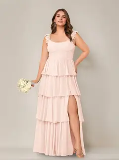 A-Line/Princess Scoop Neck Sleeveless Floor-Length Plus Size Bridesmaid Dress with Ruffles & Split Side — view 38