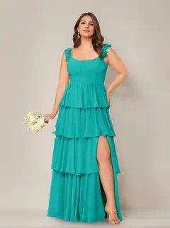 A-Line/Princess Scoop Neck Sleeveless Floor-Length Plus Size Bridesmaid Dress with Ruffles & Split Side — view 40