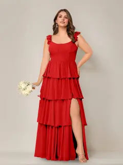 A-Line/Princess Scoop Neck Sleeveless Floor-Length Plus Size Bridesmaid Dress with Ruffles & Split Side — view 41