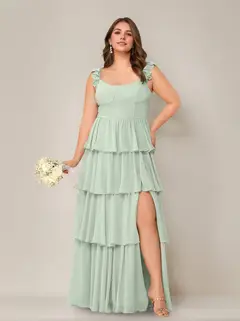 A-Line/Princess Scoop Neck Sleeveless Floor-Length Plus Size Bridesmaid Dress with Ruffles & Split Side — view 44