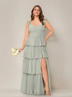 A-Line/Princess Scoop Neck Sleeveless Floor-Length Plus Size Bridesmaid Dress with Ruffles & Split Side — view 45