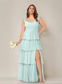 A-Line/Princess Scoop Neck Sleeveless Floor-Length Plus Size Bridesmaid Dress with Ruffles & Split Side — view 46