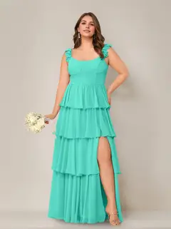 A-Line/Princess Scoop Neck Sleeveless Floor-Length Plus Size Bridesmaid Dress with Ruffles & Split Side — view 47