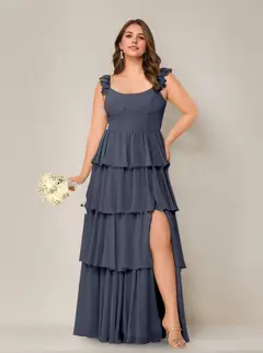 A-Line/Princess Scoop Neck Sleeveless Floor-Length Plus Size Bridesmaid Dress with Ruffles & Split Side — view 48