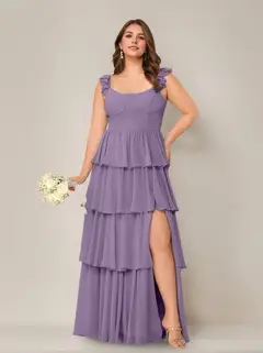 A-Line/Princess Scoop Neck Sleeveless Floor-Length Plus Size Bridesmaid Dress with Ruffles & Split Side — view 49