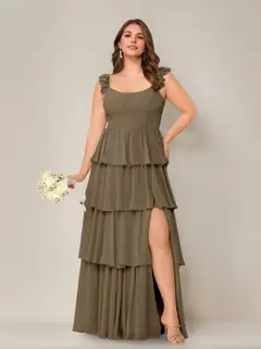 A-Line/Princess Scoop Neck Sleeveless Floor-Length Plus Size Bridesmaid Dress with Ruffles & Split Side — view 50