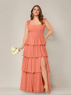 A-Line/Princess Scoop Neck Sleeveless Floor-Length Plus Size Bridesmaid Dress with Ruffles & Split Side — view 51