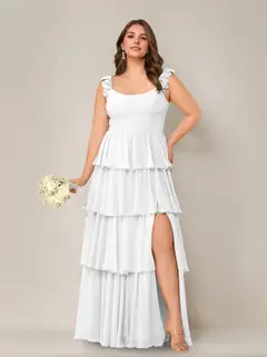 A-Line/Princess Scoop Neck Sleeveless Floor-Length Plus Size Bridesmaid Dress with Ruffles & Split Side — view 52