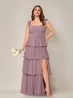 A-Line/Princess Scoop Neck Sleeveless Floor-Length Plus Size Bridesmaid Dress with Ruffles & Split Side — view 54