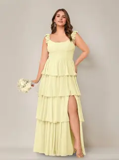 A-Line/Princess Scoop Neck Sleeveless Floor-Length Plus Size Bridesmaid Dress with Ruffles & Split Side — view 55