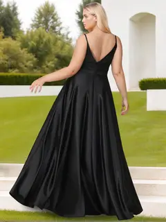 A-Line/Princess Spaghetti Straps Deep V-Neck Sleeveless Floor-Length Plus Size Bridesmaid Dresses with Split Side & Ruff — view 2