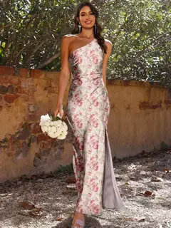 Sheath/Column One-Shoulder Sleeveless Printed Floral Ruched Bridesmaid Dresses with High Split — view 1