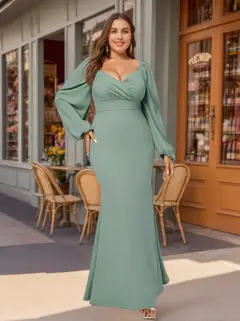 Sheath/Column Deep V-Neck Long Sleeves Floor-Length Unique Plus Size Bridesmaid Dresses with Ruffles — view 1