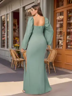 Sheath/Column Deep V-Neck Long Sleeves Floor-Length Unique Plus Size Bridesmaid Dresses with Ruffles — view 2
