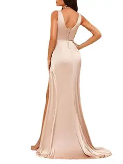 A-Line/Princess V Neck Sleeveless Floor-Length Bridesmaid Dresses with Split — view 2