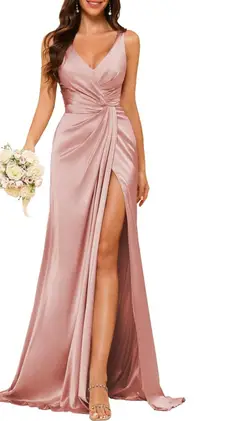 A-Line/Princess V Neck Sleeveless Floor-Length Bridesmaid Dresses with Split — view 14