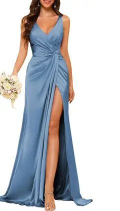 A-Line/Princess V Neck Sleeveless Floor-Length Bridesmaid Dresses with Split — view 15