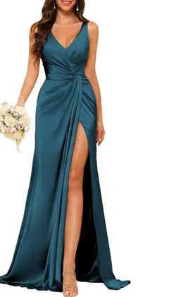 A-Line/Princess V Neck Sleeveless Floor-Length Bridesmaid Dresses with Split — view 17